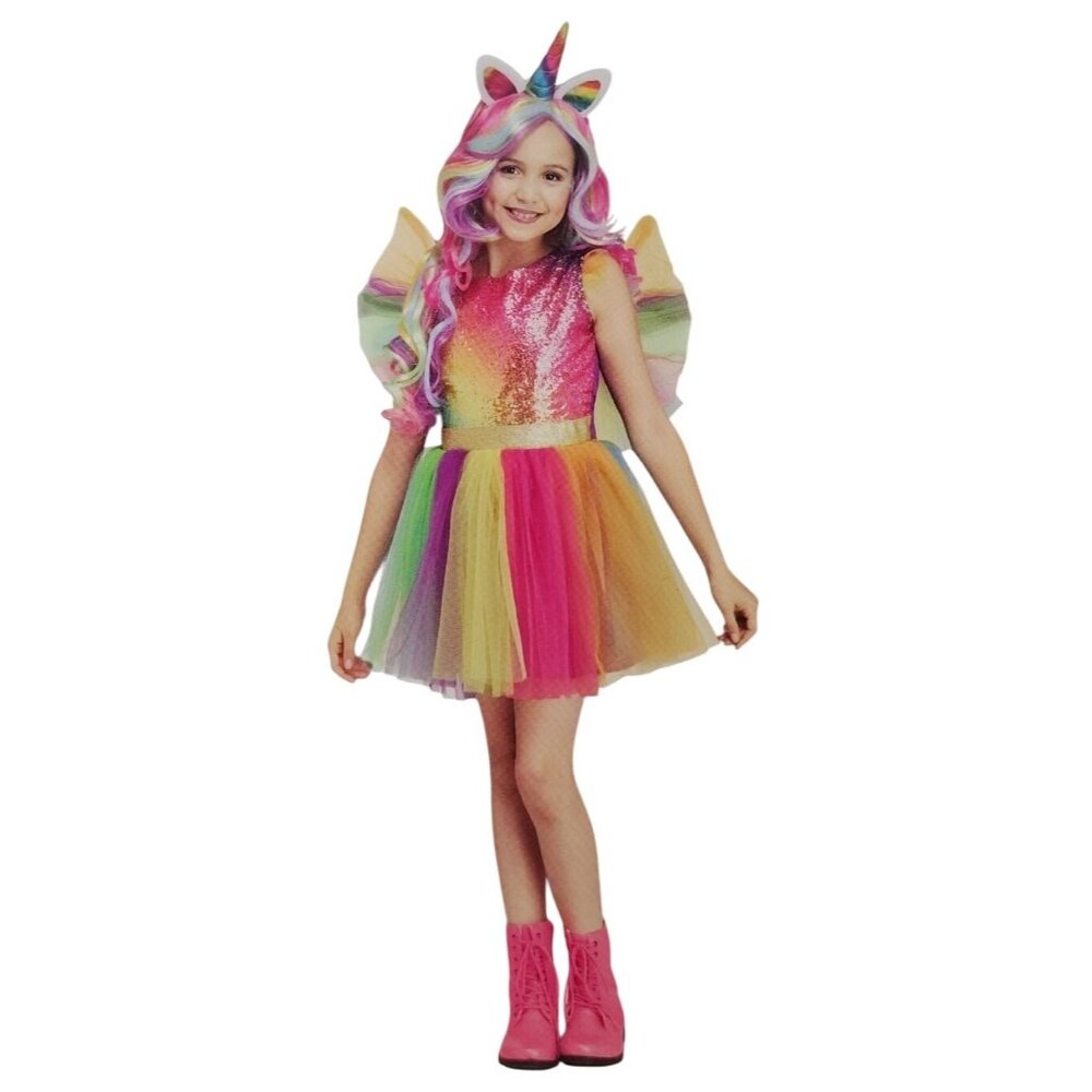Girls L 10/12 Rainbow Unicorn Dress With Wings Halloween Costume